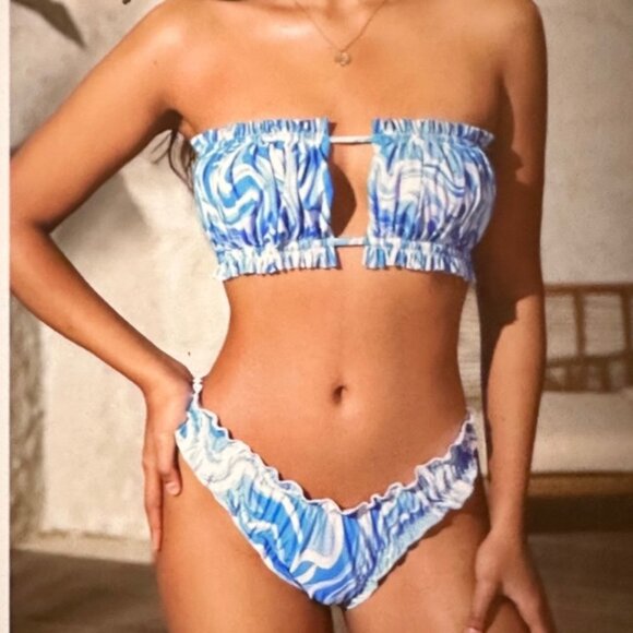 Brand New Allover Print Bandeau Bikini Swimsuit  Blue and White Various - Picture 5 of 5